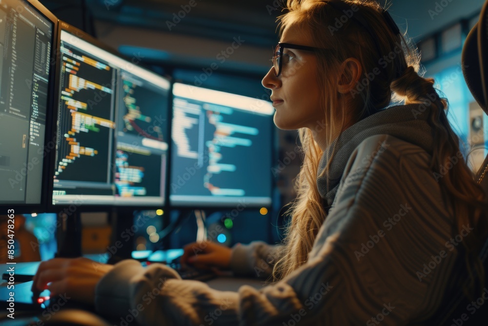 Poster a person sitting in front of two computer monitors, working on tasks