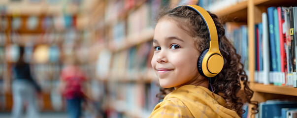 Child sitting in classroom in headphones and listening music. Studying, teaching and creating of a melody concept.