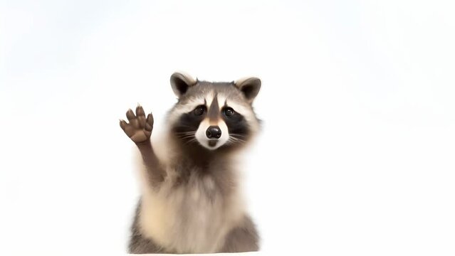 A raccoon in the forest waves its paw in greeting on a white background