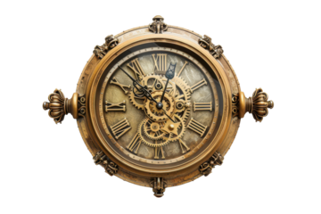 Vintage round clock with visible gears and Roman numerals, encapsulating an antique steampunk style, isolated on a white background and transparent background.