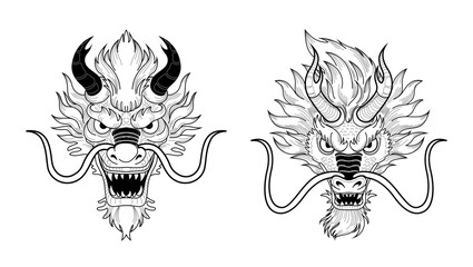 Dragon head. Traditional Chesnee animal, stylized black silhouette, mythical creature front view face. Emblem or logotype illustration. 2024 new year symbol. isolated decorative element. Vector set