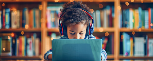 Child sitting indoors and listening music in headphone on the laptop. Studying, teaching and creating of a melody concept.