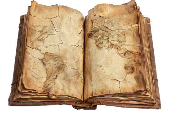 Vintage open book showing an ancient world map on its pages. The aged, cracked texture gives a sense of history and exploration.