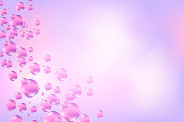 Light violet, light purple soap bubbles or jelly circles, floating over a glowing lavender color gradient background. Elegant composition for cosmetology, beauty science, skin care molecular concept.