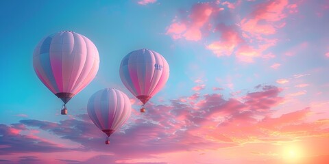 Obraz premium Bright balloons in the sky, sunrise glow, pastel colors, high definition, serene and beautiful, floating gracefully, tranquil morning