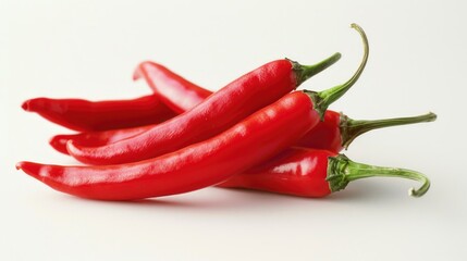 A cluster of red hot peppers sitting on a plain white background