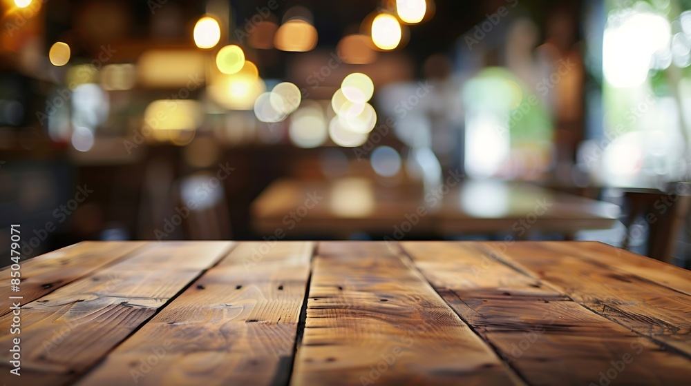 Aufkleber empty wooden table space platform and blurred cafe or restaurant background for product display mont