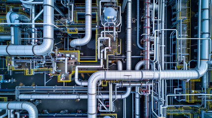 Eine moderne Industrieanlage mit vielen Rohrleitungen aus Metall, Vogelperspektive