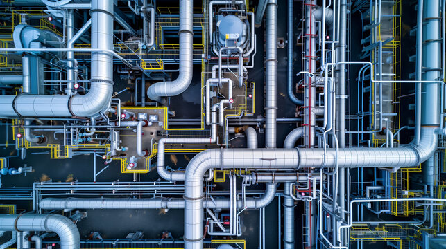 Eine moderne Industrieanlage mit vielen Rohrleitungen aus Metall, Vogelperspektive