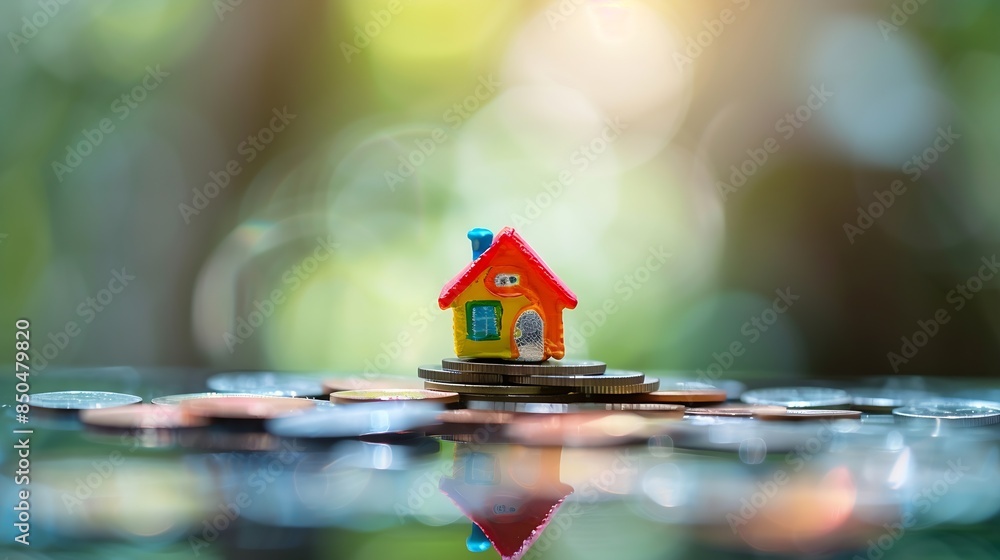 Poster miniature colorful house on stack coins using as property and financial concept : generative ai