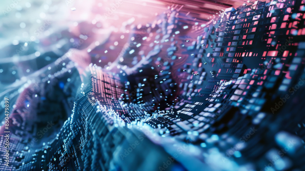 Poster a computer generated image of a wave with a lot of dots. the image has a futuristic and abstract fee