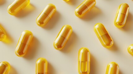 A collection of bright yellow pills arranged neatly on a clean white surface, great for medical or pharmaceutical concepts