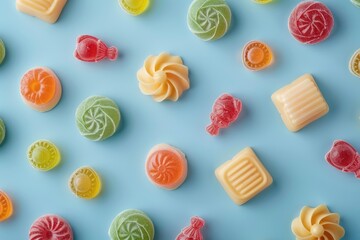 Obraz premium Variety of colorful candies arranged on a blue surface