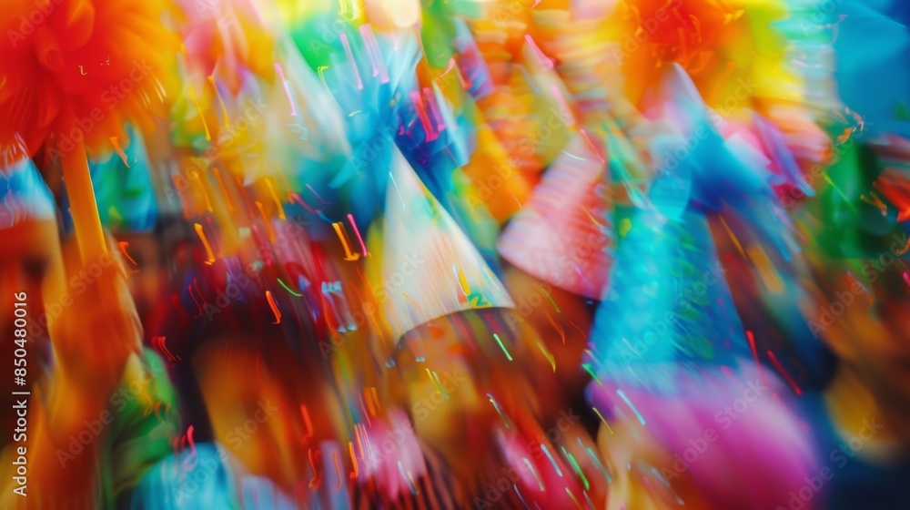Poster fuzzy and indistinguishable faces wearing party hats and holding noise makers all part of the cheerf