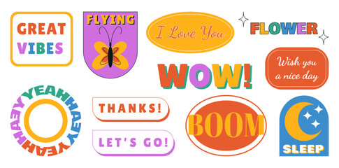 Groovy stickers. Abstract shapes. Retro icons. Phrase text. Cute butterfly and flower. Y2K inspirational lettering. Great vibes patch. Sleeping moon. Happy dream. Love symbol. Vector color badges set