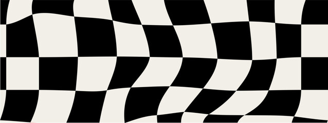 Pattern psychedelic checkerboard. Groovy retro wavy checkered texture. Psychedelic modern playful black and white background. Retro graphic y2k design. Twisted and distorted trendy vector illustration