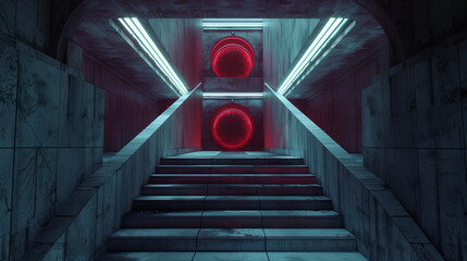 Futuristic staircase with red neon lights in a brutalist architectural setting