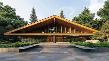 Fototapeta premium A modern wooden house with large windows surrounded by lush greenery and trees