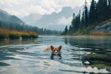 cute corgi pembroke dog swimming in a lake in summer