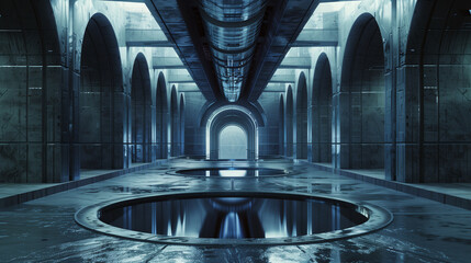 A futuristic underground hall with arches and reflective pools
