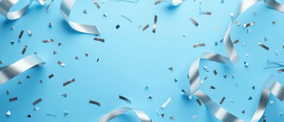 close up on group of silver color of rolling ribbon and triangle confetti on blue background with copy space for happy new year and carnival anniversary, concept design