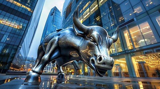Majestic Bull Statue Illuminated by City Lights with Towering Building Reflection at Night - Urban Sculpture Photography