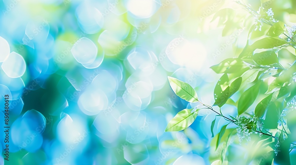 Aufkleber summer background of blue and green blurred foilage and sky with bright bokeh blurry abstract summer