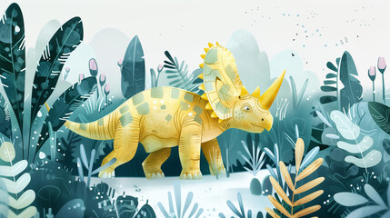 Whimsical triceratops dinosaur in a lush, leafy forest