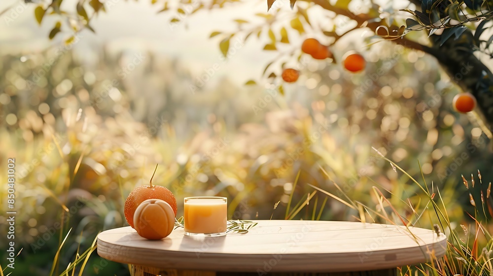 Poster tree table wood podium in farm display for food perfume and other products on nature background tabl