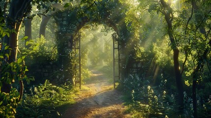 Obraz premium A magical scene unfolds before you. A path winds through a lush, enchanted landscape, dappled with sunlight. At its end, a mysterious gate beckons you to a realm of wonder.