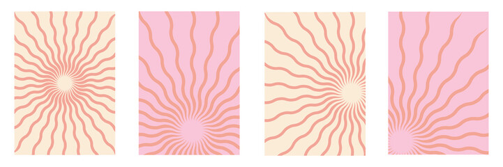 Groovy retro burst sun rays background. Vintage colorful abstract geometric pattern. Vector summer hippie carnival illustration for poster, greeting card, banner. Vector illustration. Eps file 84.