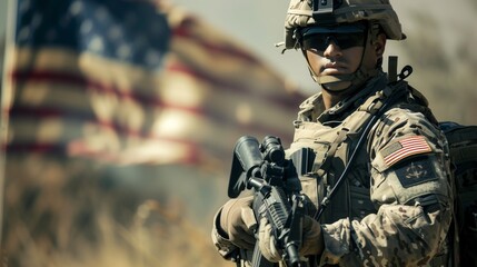 An American soldier with a weapon in his hands against the background of the American flag.