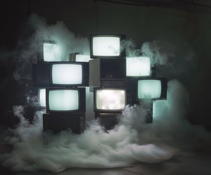 A stack of old televisions with glowing screens surrounded by smoke in a dark room