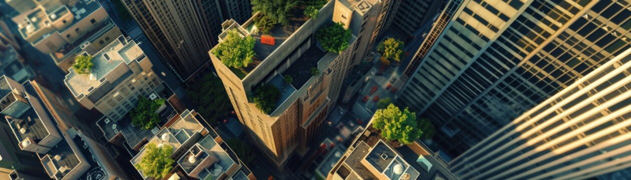 Aerial view of skyscrapers with rooftop gardens in a bustling city center, showcasing urban greenery and modern architecture.