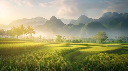 Naklejka premium Tropical rural landscape with beautiful rice fields and mountains : Generative AI