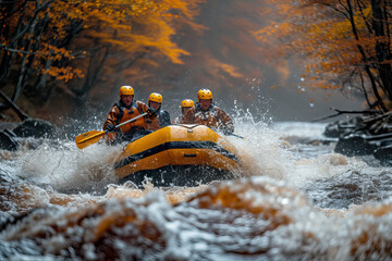 Young person rafting on the river Ganges in Rishikesh, extreme and fun sport at tourist attraction