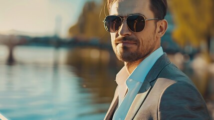 Young handsome man in classic suit wear sunglasses over the blurred lake : Generative AI