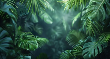 Naklejka premium Lush Green Tropical Leaves In A Jungle