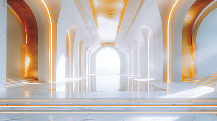 A luminous, golden hallway with marble columns and ceiling lights, perfect for showcasing luxury or futuristic concepts