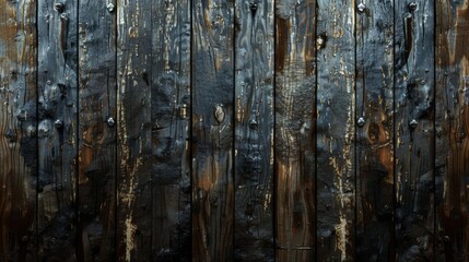 Fototapeta premium Close-up image of old, weathered wooden planks in shades of black with visible knot details and rustic appeal