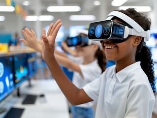 Modern classroom with students wearing VR headsets and holographic displays of various subjects