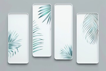 Minimalist botanical AI illustration featuring five white rectangular panels with palm leaf designs