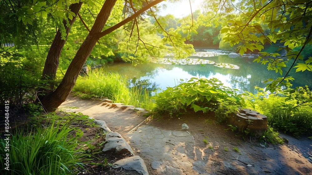 Aufkleber beautiful colorful summer spring natural landscape with a lake in park surrounded by green foliage o