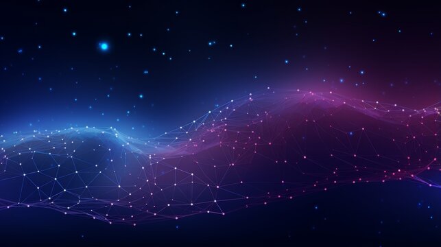This image shows a digital abstract representation of connectivity with glowing particles and lines on a dark background