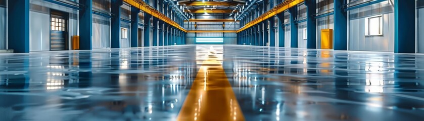 Spacious industrial warehouse with shiny concrete floor, blue and yellow structural elements, clean and organized