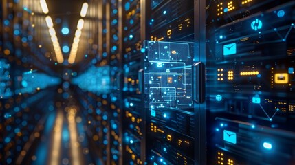 Digital Data Center With Glowing Server Racks and Secure Network Connections