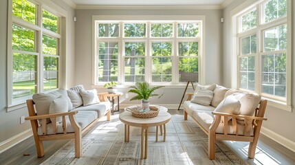 Obraz premium A sunroom with a Scandinavian design, featuring light wood furniture, neutral tones, and large windows allowing natural light to flood the space