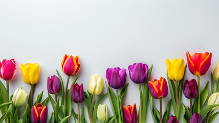 Background of spring flowers for card for the holiday. Women's Day. A vibrant bouquet of tulips in various colors such as red, yellow, and purple, arranged along the bottom edge of the card, with stem