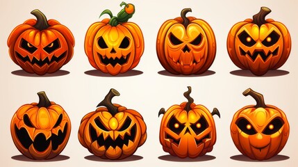 An array of cartoon-style pumpkins with different scary and funny facial expressions against a plain background