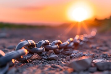 Rusty metal chain lying on ground at sunset, breaking free from constraints and finding hope for new beginnings